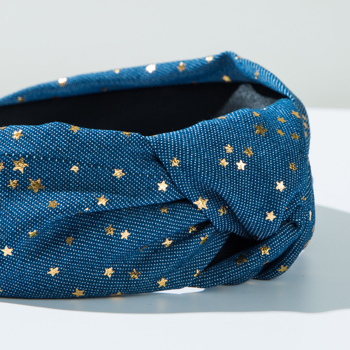 Cross-border European and American fashion denim fabric headband creative gold five-pointed star wide knotted high skull top outward ornament