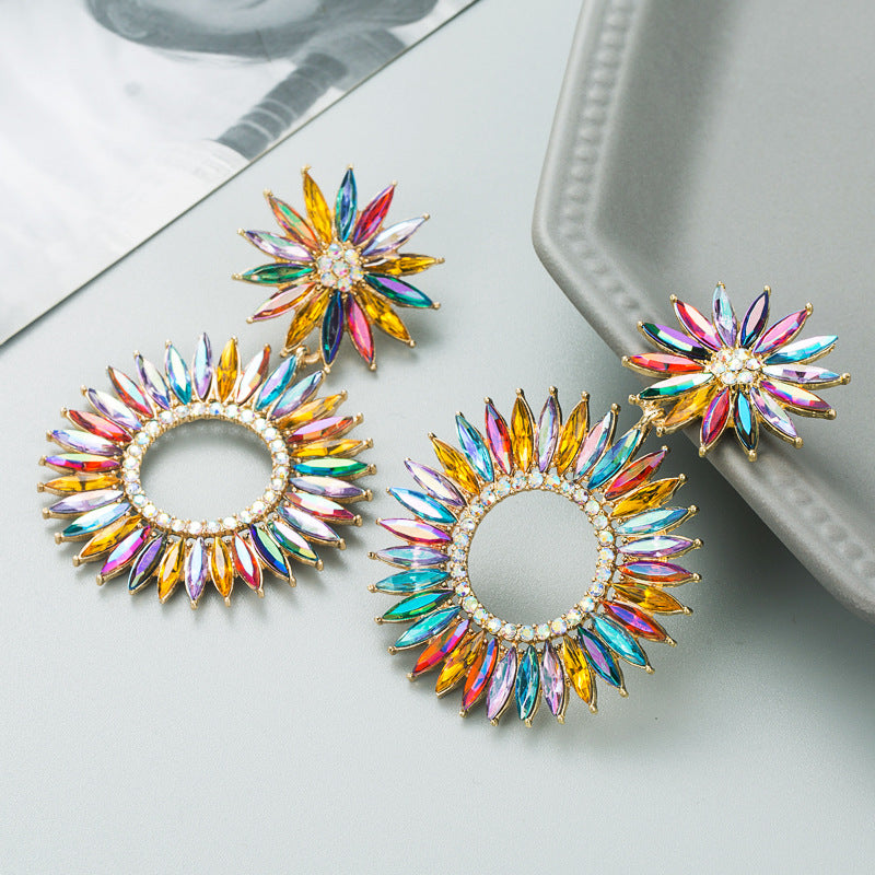 European and American trend new geometric color sunflower alloy diamond long earrings girl creative earrings
