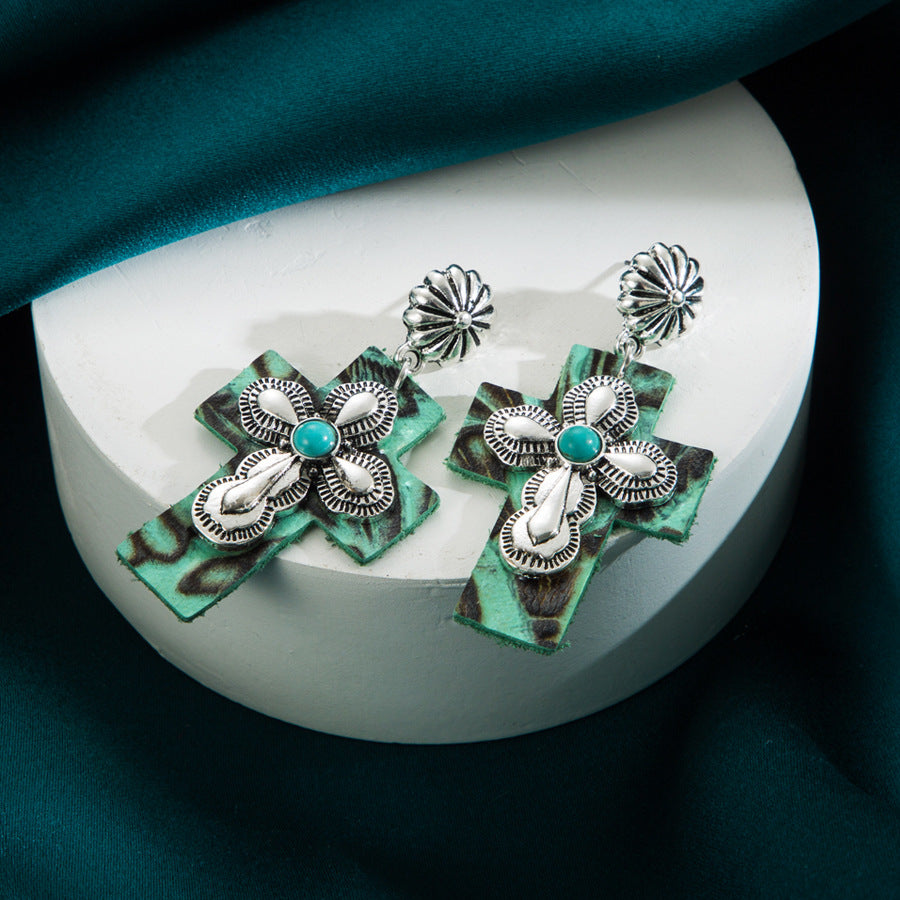 Trendy creative street shot earringsEuropean and American personality inlaid turquoise leather exaggerated cross earrings independent station hot sale