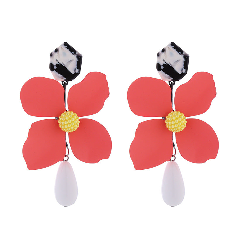 New Exaggerated Long Multi Layer Flower Earrings Alloy Lacquer Teardrop Shaped Pearl Earrings Wholesale Earrings