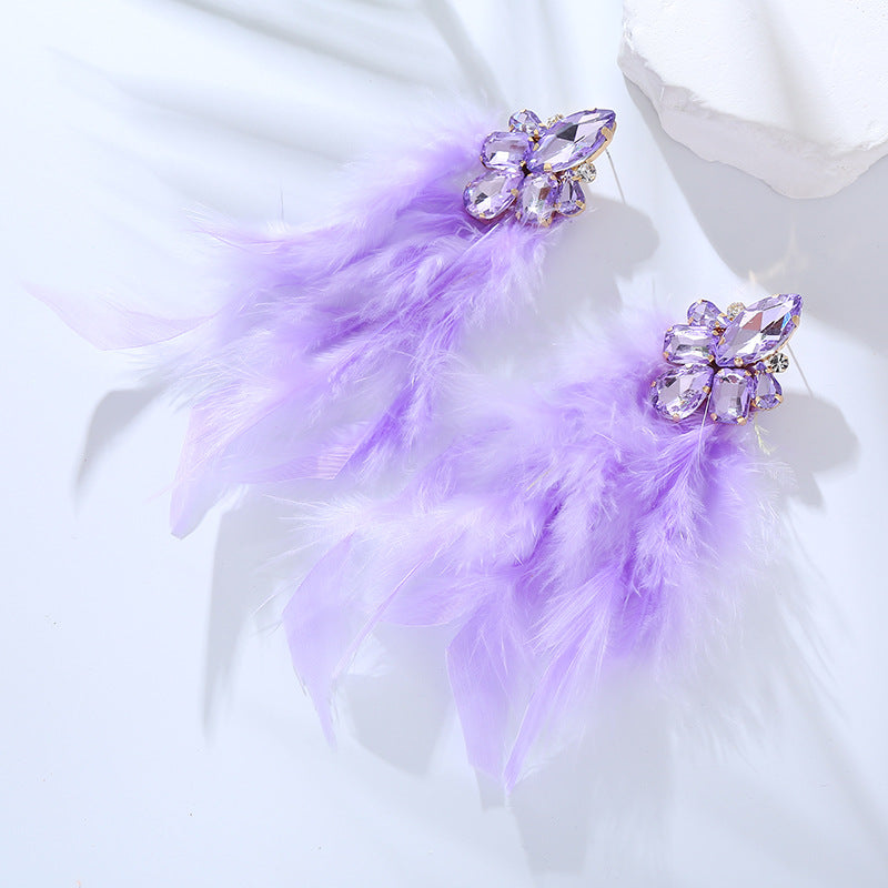 European and American new earrings, alloy diamonds, feathers, flowers, long temperament, tassel earrings, trendy bohemian earrings