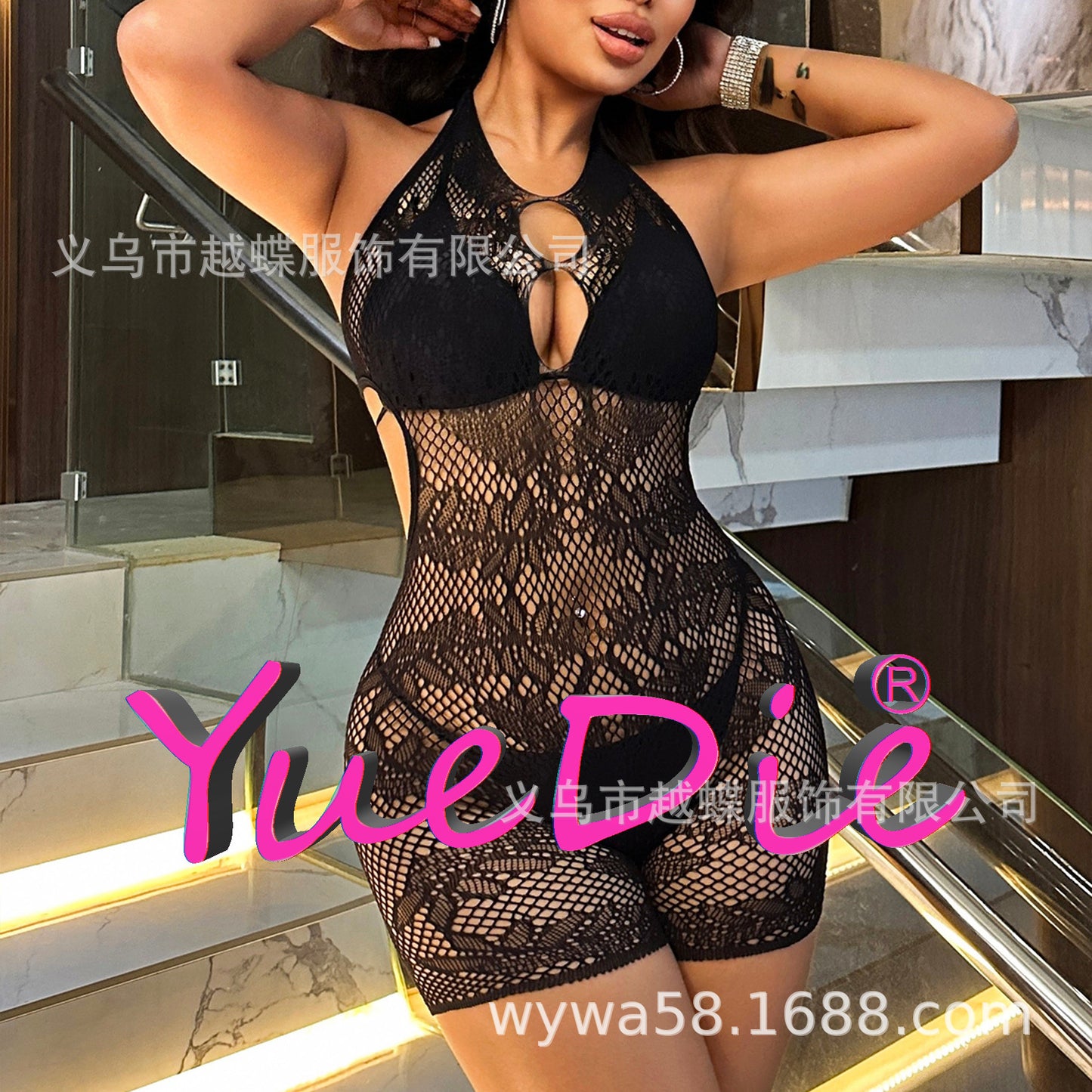 Yue Die's new European and American halterneck tie wisp net dress women's jumpsuit all-in-one sexy tear sex socks AL03