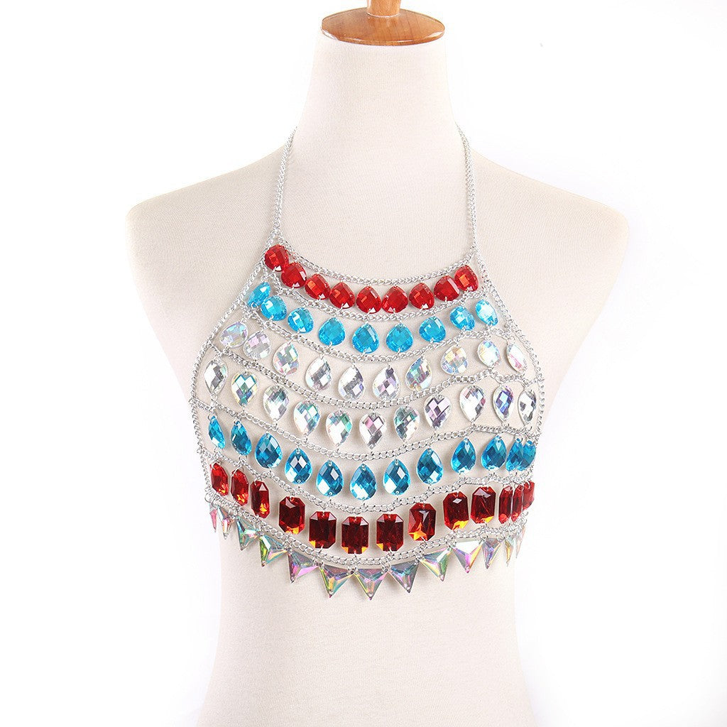 New European and American cross-border fashion jewelry acrylic sexy beach color-blocked backless chest chain body chain