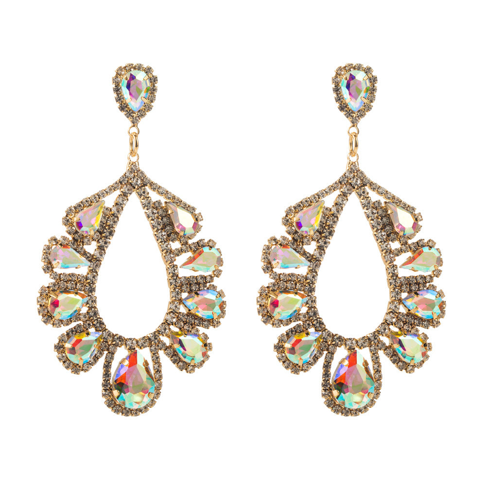 Cross-border European and American hot-selling temperament exaggerated earrings, women's personality light luxury, inlaid with colored glass diamonds, high-end banquet earrings