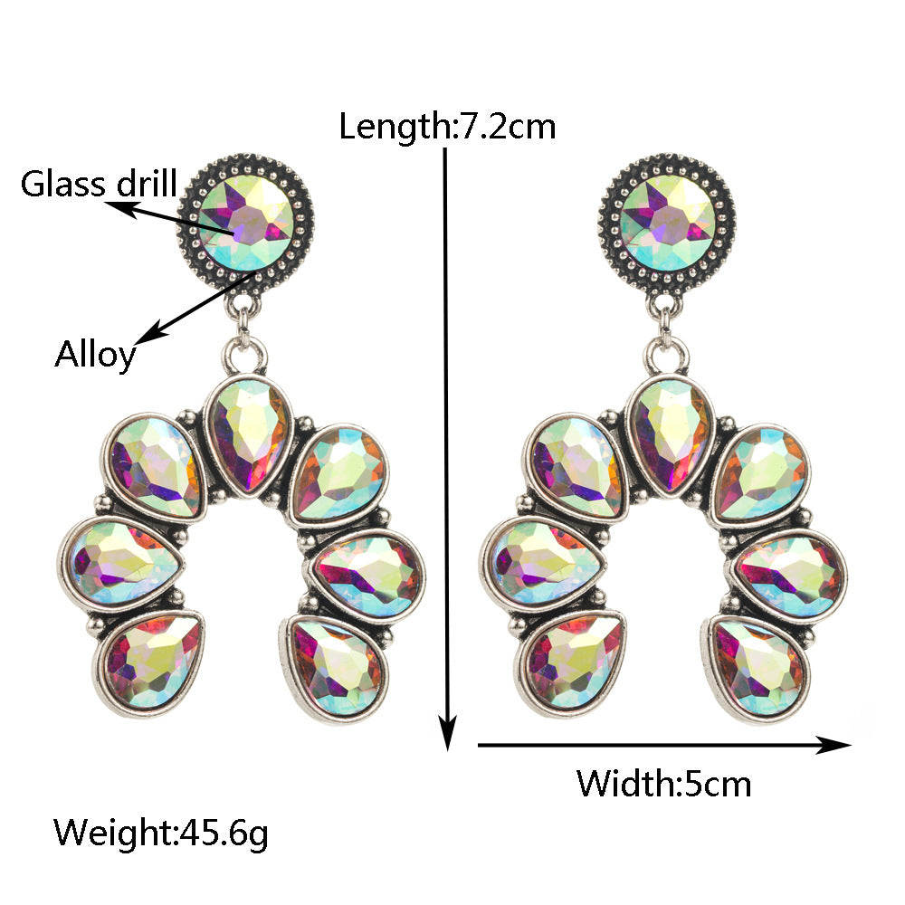 European and American new fashion exaggerated earrings, ultra-flash alloy, diamond-encrusted fan-shaped personality, long prom earrings, cross-border supply