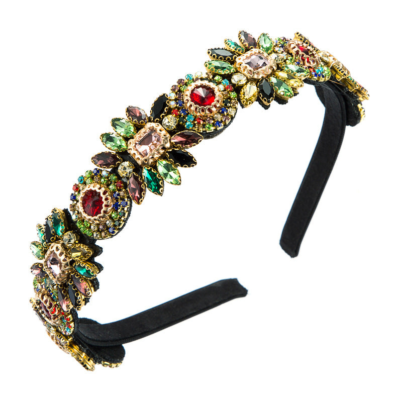 Cross-border, European, American, and new seasonal new personality exaggerated fabric headbands, inlaid with glass diamonds, flower headbands, Korean thin-edged hair accessories