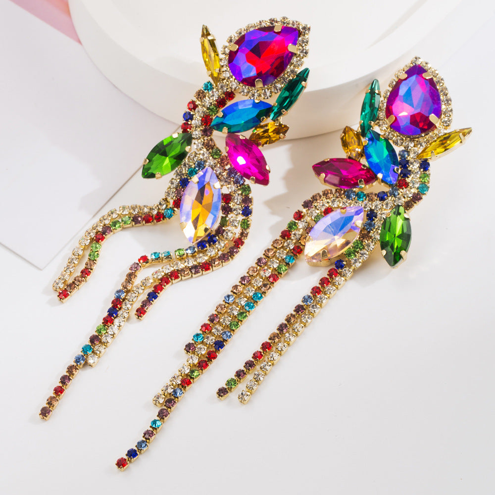 European and American fashion ZA exaggerated long claw chain tassel earrings women's light luxury alloy inlaid with colored diamonds floral high-end earrings