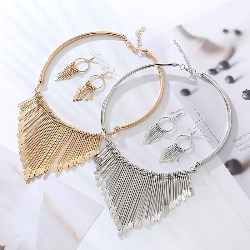 European and American new fashion, exaggerated high-end necklaces, earrings, sets, versatile tassels, multi-layer metallic jewelry