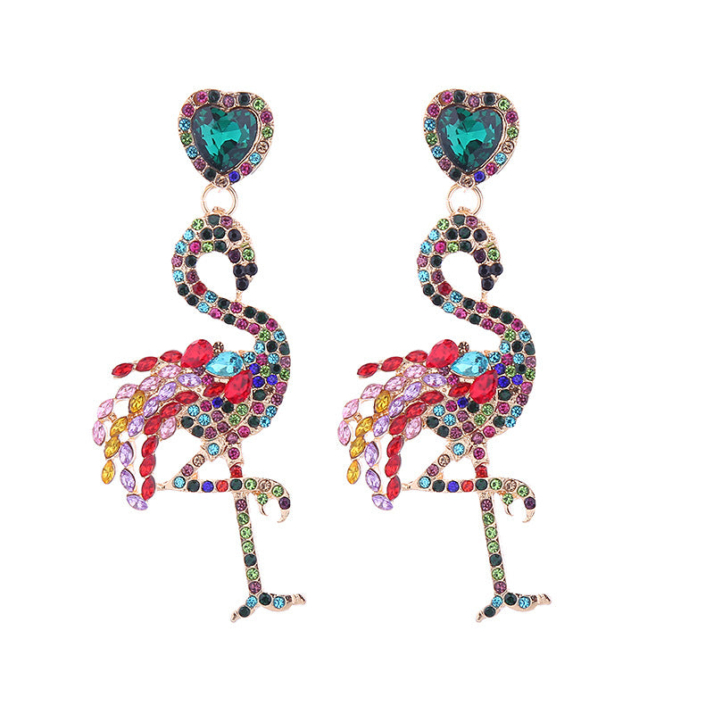 European and American exaggerated new stud earrings animal series rhinestone flamingo earrings women's long earrings exaggerated personality earrings