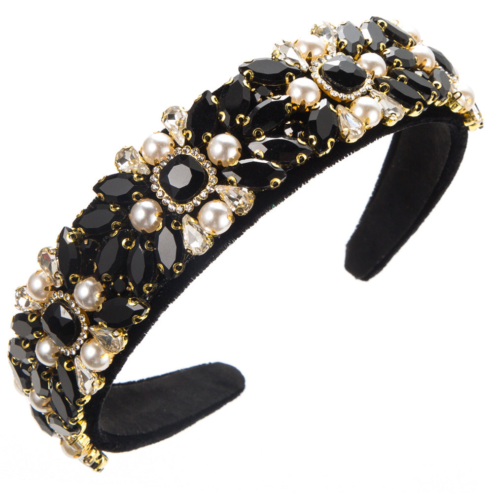 European and American retro court style baroque heavy industry headbands female velvet fabric wide-brimmed diamond pearl hair jewelry wholesale