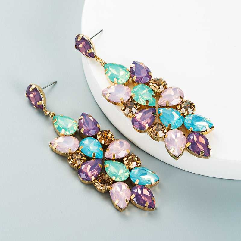Retro temperament, full of diamonds, colored rhinestones, glass diamonds, flowers, midi drop earrings, creative personality, tassel drop earrings