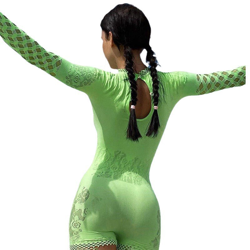 Yue Die's new European and American style sexy mesh see-through hollow round neck long sleeve tight jumpsuit shorts women's T019