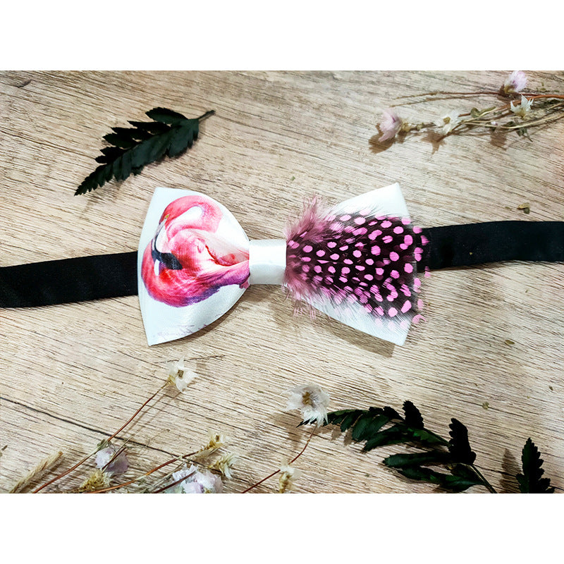 pink polka dot feather handmade bow tie men's best man groom wedding dress bow bow business collar flower