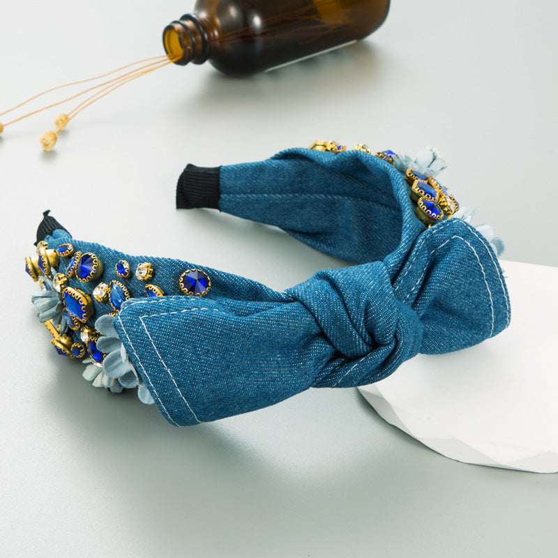 And Ming headbands, European and American fashion new denim headbands, inlaid with glass diamonds, knotted, wide-brimmed trendy headbands, hair accessories wholesale