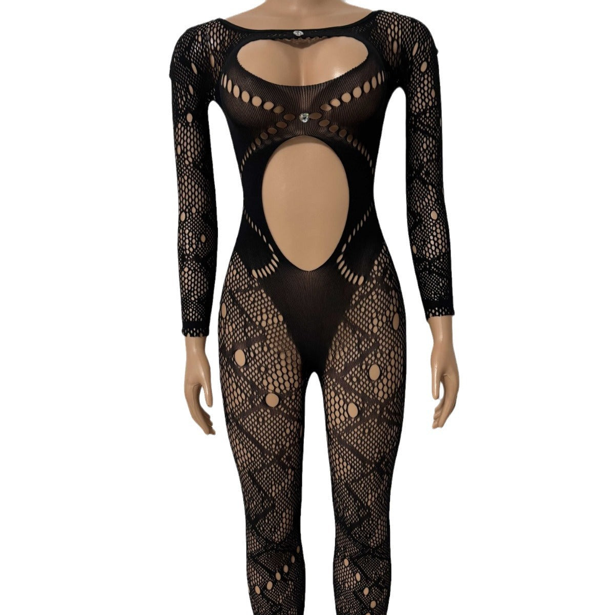 Yue Die's new solid color round neck lace hollow slim sexy long-sleeved one-piece knitted jumpsuit YDT032