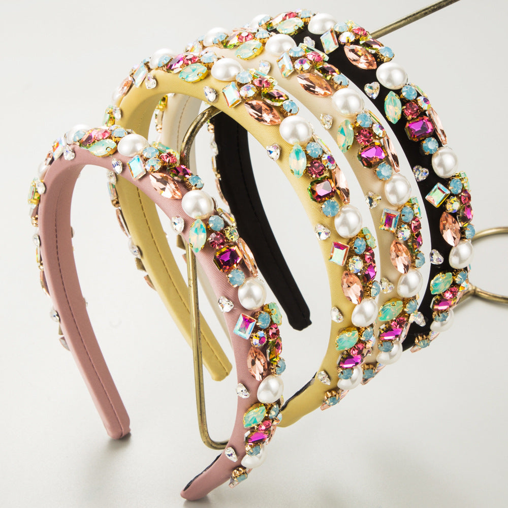 Korean version of the trendy new sponge thin-edged headband, personalized color diamonds, pearls, high-quality, light luxury, temperament, head hole hair accessories