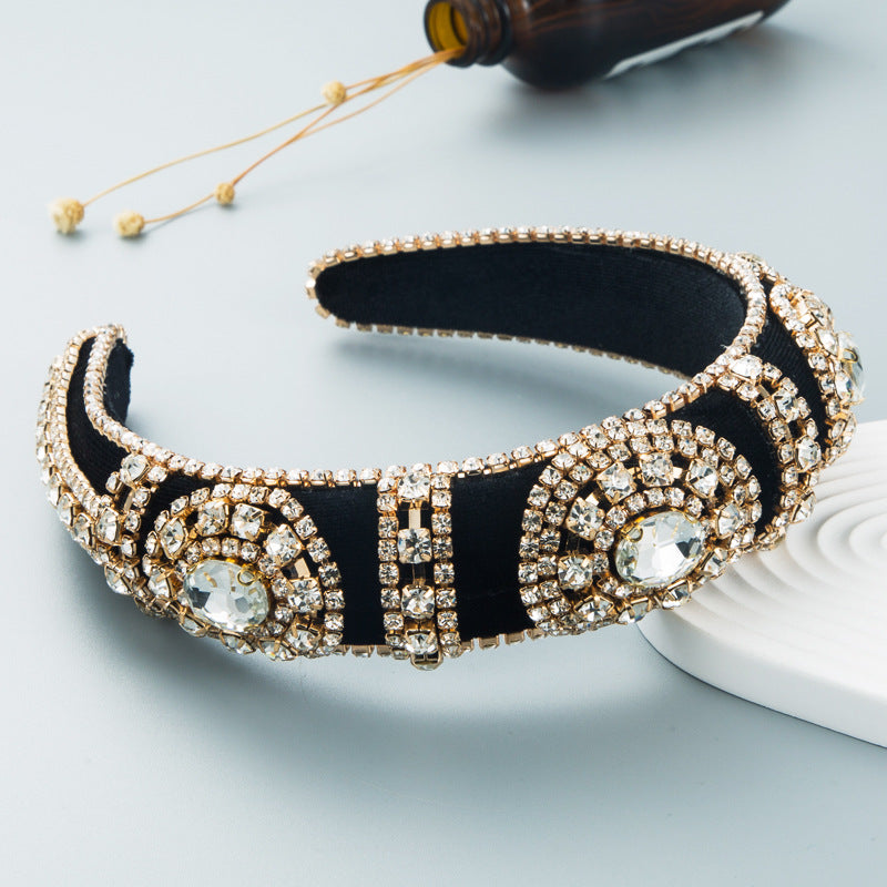 Heming headbands, fashionable, cross-border gold velvet rhinestones, glass diamonds, wide-brimmed sponge hair accessories, European and American ins, retro headbands