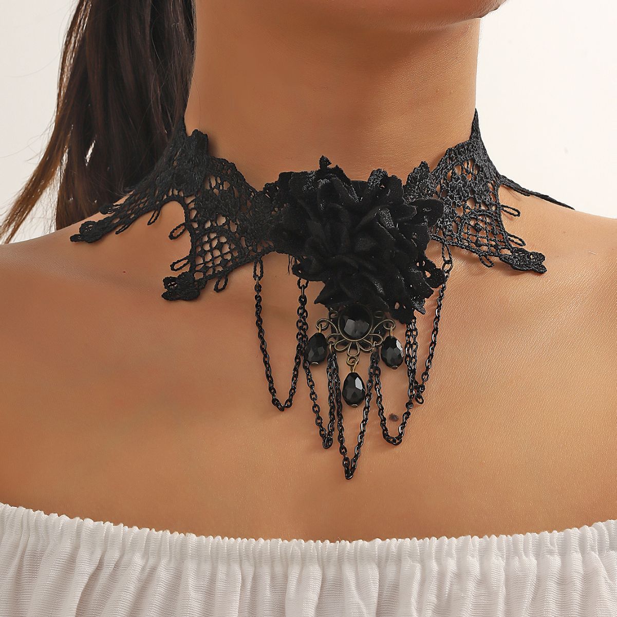 New European and American fashion cross-border jewelry, punk lace, gothic style, fake collar, lace necklace, tassel, clavicle chain