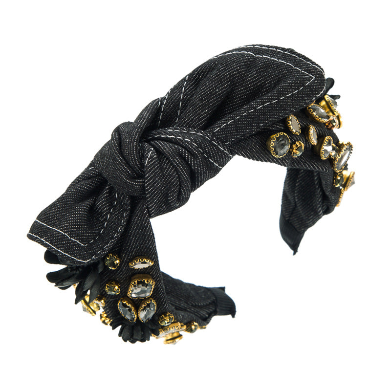 And Ming headbands, European and American fashion new denim headbands, inlaid with glass diamonds, knotted, wide-brimmed trendy headbands, hair accessories wholesale