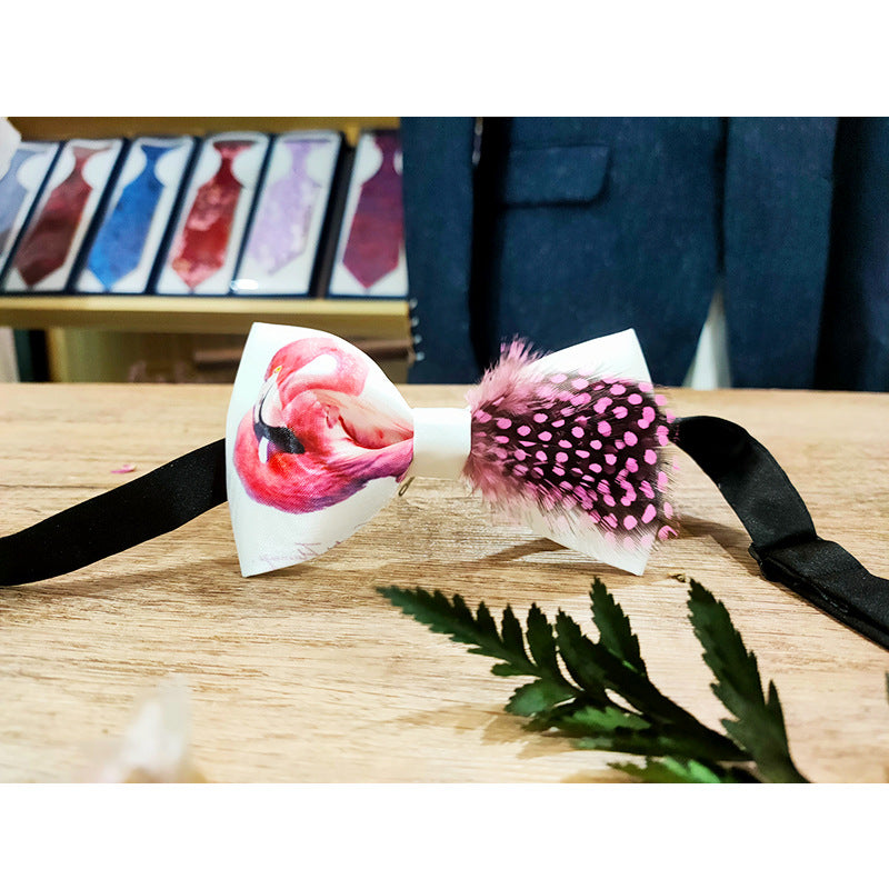 pink polka dot feather handmade bow tie men's best man groom wedding dress bow bow business collar flower