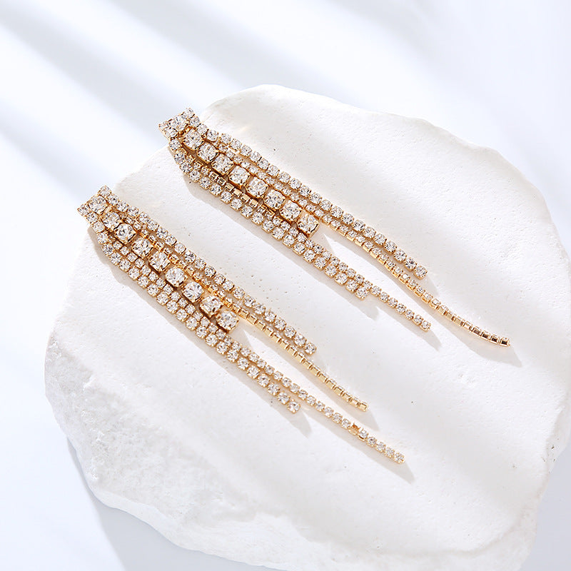 Luxury full diamond long tassel earringsKorean Internet celebrity new temperament drop earrings party high-end super flash ear jewelry