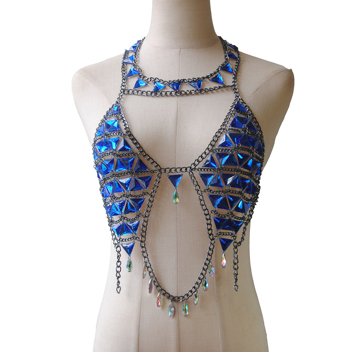 New European and American cross-border summer accessories fashionable sexy acrylic blue chest chain crystal beach bra body chain