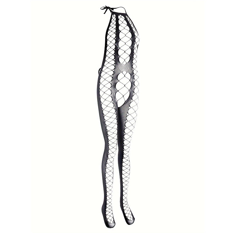 Yue Die's new European and American sex stockings open pajamas sexy tight halterneck mesh high-waisted net clothes hollow 9038