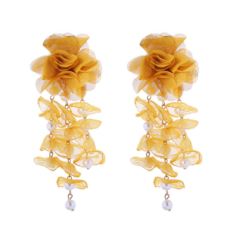 European and American new long tassel exaggerated floral earrings women's bohemian mesh inlaid pearl flower earrings