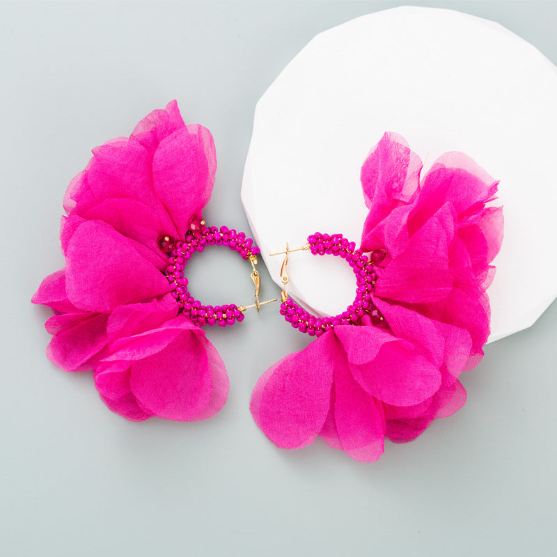 European and American Personality Creative Handwoven Beaded Flower Earrings Earrings Exaggerated Bohemian Chiffon Flower Earrings