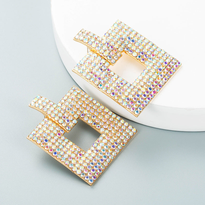 ins European and American fashion color rhinestone series hollow square earrings Personality and creativity full of diamonds and super flash temperament studs