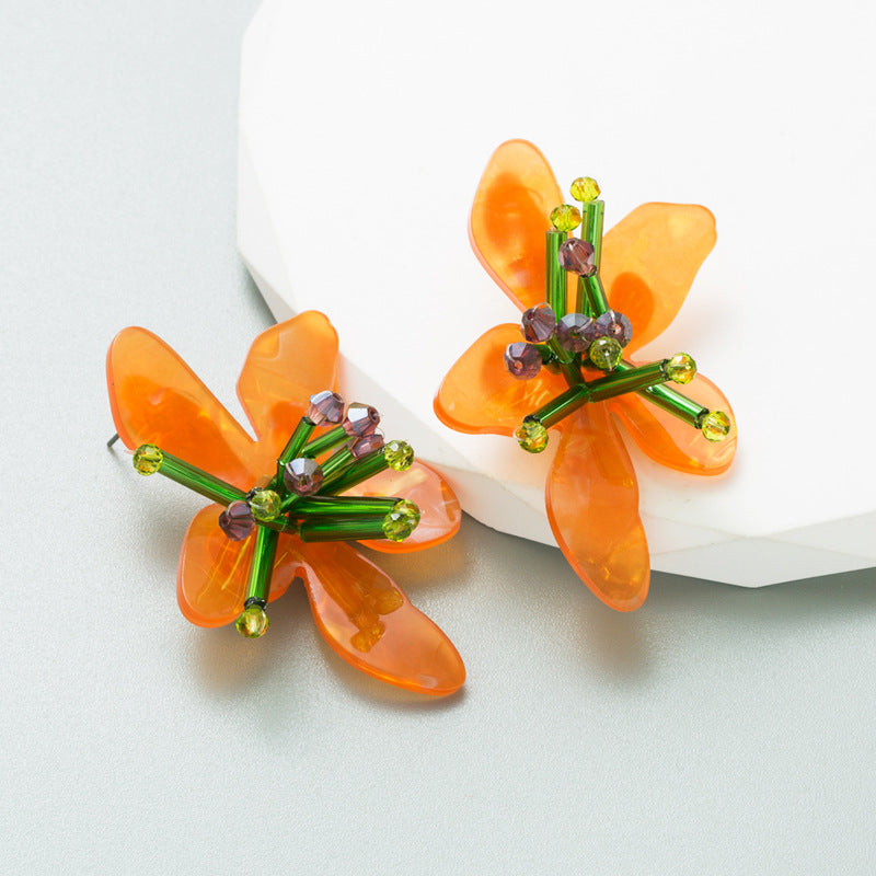 ZA fresh color acrylic flower earrings European and American exaggerated hand-woven petal earrings cross-border exaggerated studs