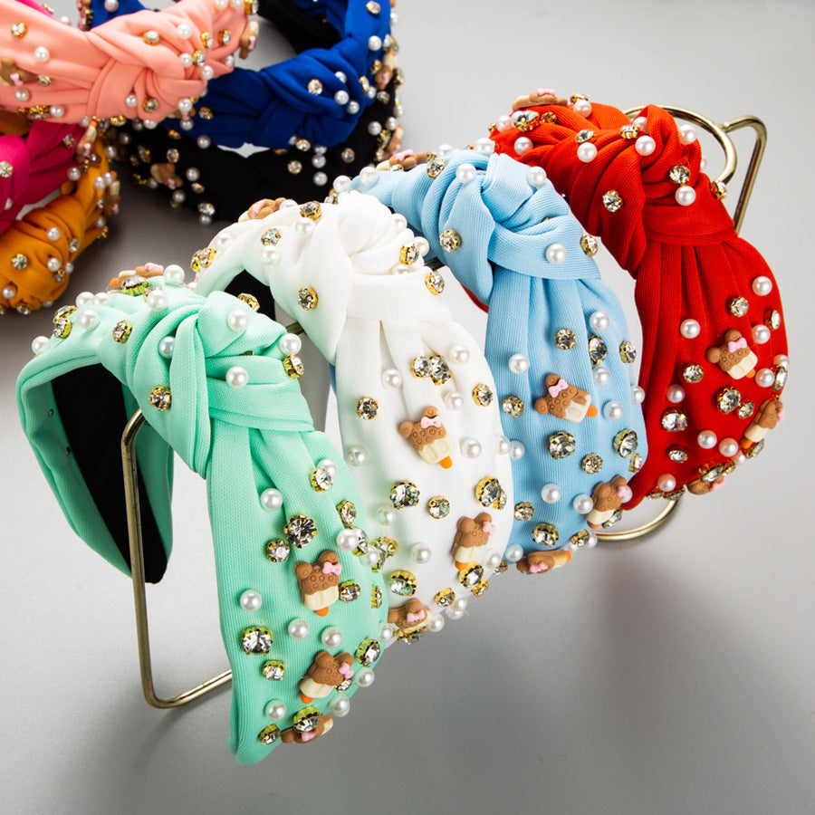 Heming headbands, cross-border European and American candy-colored fabric headbands, wide-sided knotted diamonds, pearls, cute Korean hair accessories